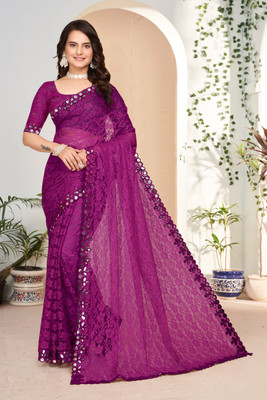 MAA CREATION Embellished Bollywood Net Saree(Purple)
