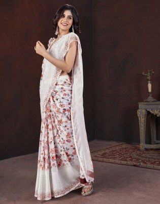 Divastri Floral Print, Printed, Woven Bollywood Georgette Saree(White, Pink)