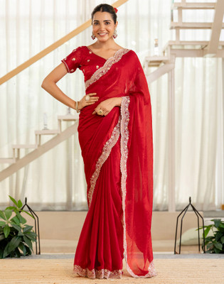 Satrani Solid/Plain, Embroidered Bollywood Chiffon Saree(Red)