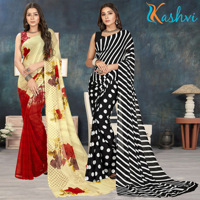 kashvi sarees Floral Print Daily Wear Georgette Saree(Pack of 2, Pink, Beige, Multicolor)