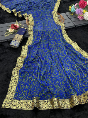 Priyashi Printed Bandhani Georgette, Lace Saree(Blue)