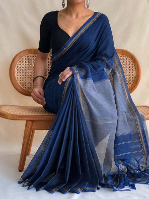SUEE SUTA Woven Handloom Cotton Blend Saree(Dark Blue)