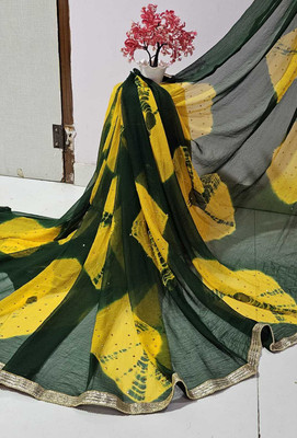 Lambu Fashion Color Block, Printed, Self Design, Geometric Print Bandhani Chiffon Saree(Green)