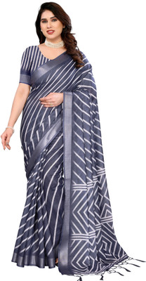 Myraani Floral Print Daily Wear Cotton Linen Saree(Grey)