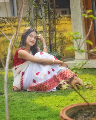 Tech Twins Woven Mekhela Chador Silk Blend Saree(White)