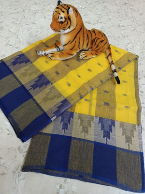 OSARIO Woven Tant Pure Cotton Saree(Yellow, Blue)