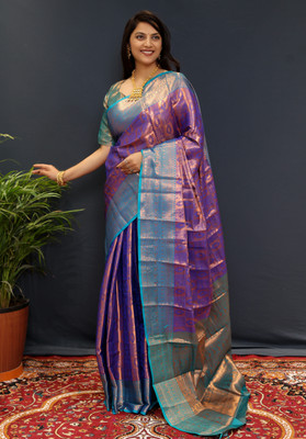 ALPENIKA Embellished Kanjivaram Jacquard, Silk Blend Saree(Blue)
