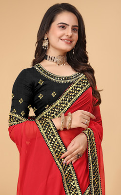 GLOBALIA CREATION Embroidered, Solid/Plain Bollywood Chiffon Saree(Red)