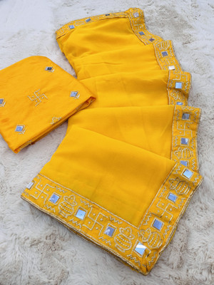 PRETTYAGE Embellished, Solid/Plain Banarasi Georgette Saree(Yellow)