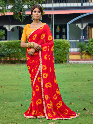 Tasrika Printed Hand Batik Georgette Saree(Red)