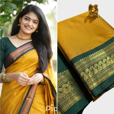 Bloviate Solid/Plain Banarasi Silk Blend, Cotton Blend Saree(Yellow, Green)