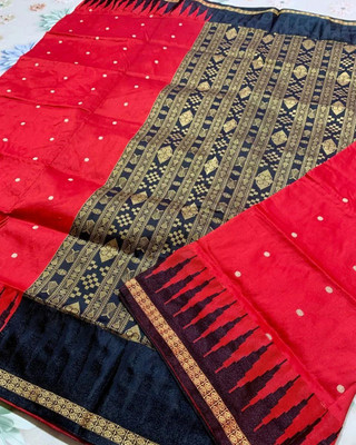 AYEZAL Temple Border, Woven Sambalpuri Handloom Art Silk Saree(Red)