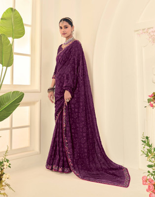 Laxmipati sarees Embroidered Saree with Attached Blouse Chiffon Saree(Purple)