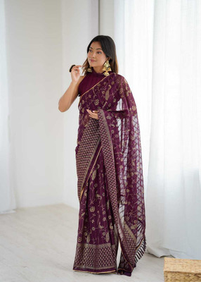 The Style Sanctuary Embroidered Bollywood Georgette Saree(Purple)