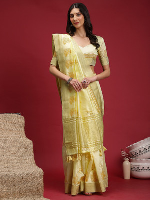 Tasrika Woven Banarasi Linen Saree(Yellow)