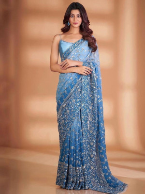 odette Embroidered Saree with Attached Blouse Georgette Saree(Blue)