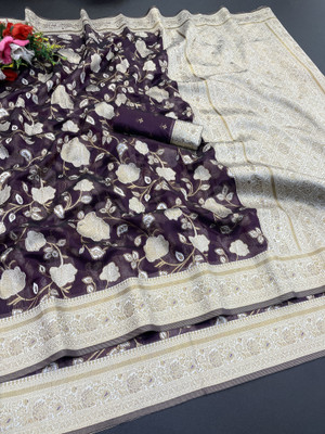 AAINA CREATION Floral Print Bollywood Tissue Saree(Purple)