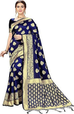 P D Creation Self Design Daily Wear Jacquard, Silk Blend Saree(Dark Blue)