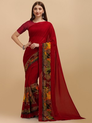 Leelavati Floral Print Bollywood Georgette Saree(Red)