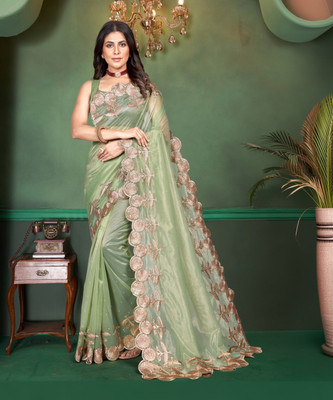 Yashakti Designer Embroidered Bollywood Supernet Saree(Light Green)