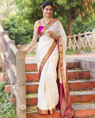 AMRUTKALA SAREES Woven Banarasi Silk Blend Saree(White)