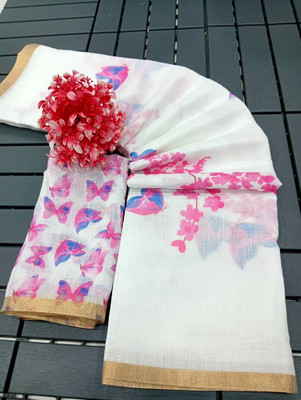 Mervadiya Printed Kanjivaram Pure Cotton, Cotton Linen Saree(Pink, White)