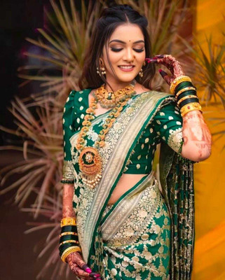 RK FABRICS Woven Banarasi Jacquard Saree(Green)