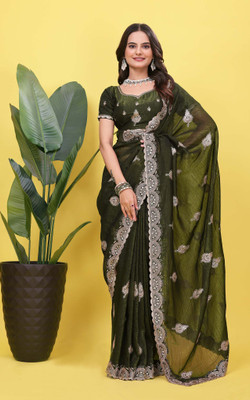 GREENA CREATION Embroidered, Woven, Self Design, Embellished Bollywood Silk Blend Saree(Green)