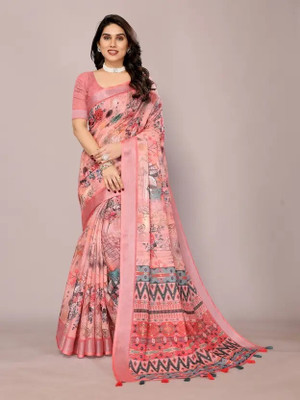 Shree Ganesh Floral Print Bollywood Cotton Linen Saree(Multicolor)