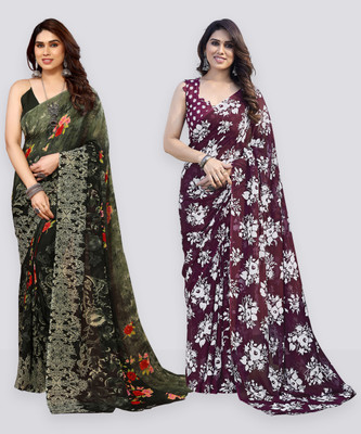 Anand Sarees Floral Print Daily Wear Georgette Saree(Pack of 2, Dark Green, Brown)