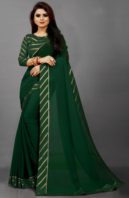 Glamour Hub Solid/Plain Bollywood Georgette, Chiffon Saree(Dark Green)