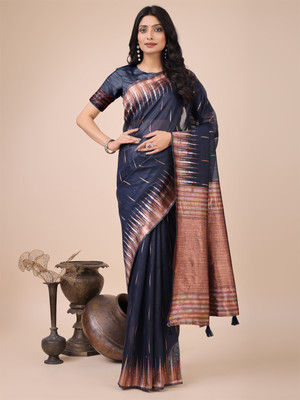 Tasrika Woven Kanjivaram Cotton Linen Saree(Dark Blue)