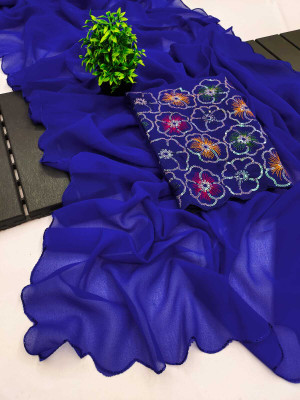 ShopGlobal Floral Print Bollywood Georgette Saree(Blue)