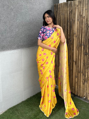 Divastri Floral Print Bollywood Satin Saree(Yellow)