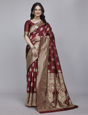 SOMVATI Self Design, Woven, Embellished Kanjivaram Art Silk, Jacquard Saree(Maroon)