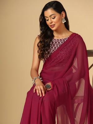 VILLAGIUS Embroidered Daily Wear Georgette Saree(Maroon)