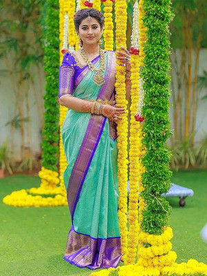 YASHIKA Embroidered, Self Design, Woven Kanjivaram Art Silk, Jacquard Saree(Blue)