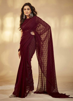 Infyshopy Fashions Striped, Embroidered, Self Design, Solid/Plain Bollywood Georgette Saree(Purple)