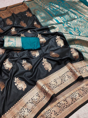 KALKEE FASHION Woven Banarasi Jacquard, Pure Silk Saree(Black)