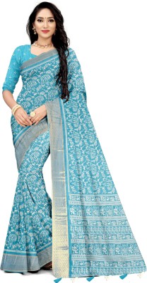 NANDI FAB Geometric Print Bollywood Cotton Blend Saree(Light Blue)