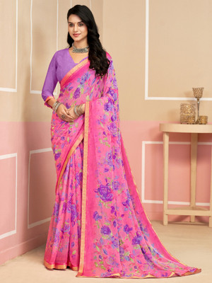 Tasrika Floral Print, Geometric Print, Digital Print, Printed Bollywood Chiffon Saree(Pink)