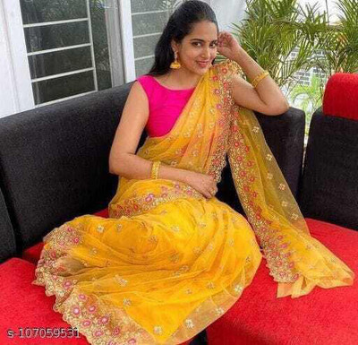 AngelDgital Embroidered, Embellished Bollywood Net Saree(Yellow)