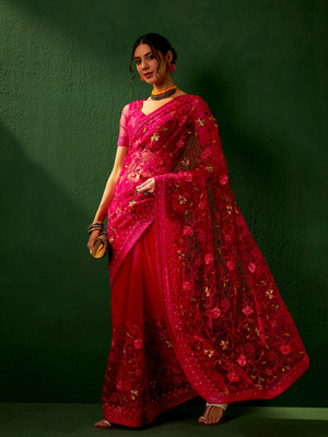 Divastri Embroidered Chanderi Net Saree(Magenta)