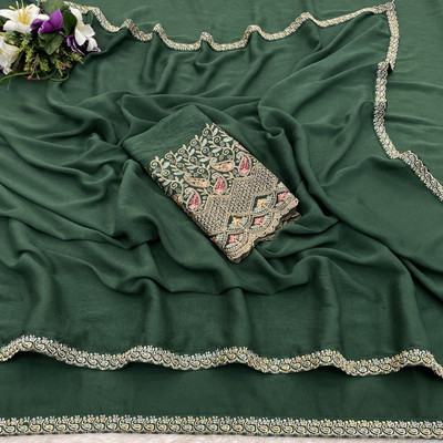 K 5 FASHION Embellished, Solid/Plain Bollywood Chiffon Saree(Green)