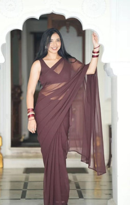hanumant handwork Solid/Plain Bollywood Georgette Saree(Brown)