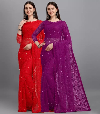 Vragi Self Design Bollywood Net Saree(Pack of 2, Red, Purple)