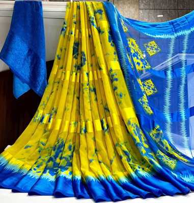 Bombey Velvat Fab Printed, Solid/Plain Kasavu Mulmul, Chiffon Saree(Yellow, Blue)