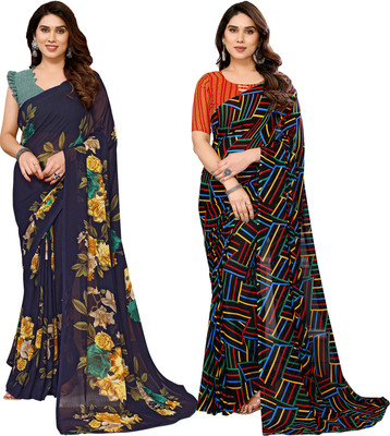 kashvi sarees Printed Daily Wear Georgette Saree(Pack of 2, Dark Blue, Multicolor)