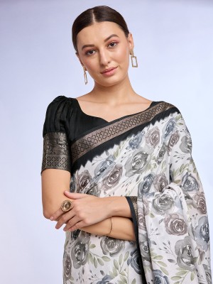 Tasrika Embellished, Floral Print Banarasi Tussar Silk Saree(Black, White)