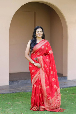 FAB WOVEN Woven Banarasi Silk Blend Saree(Red)